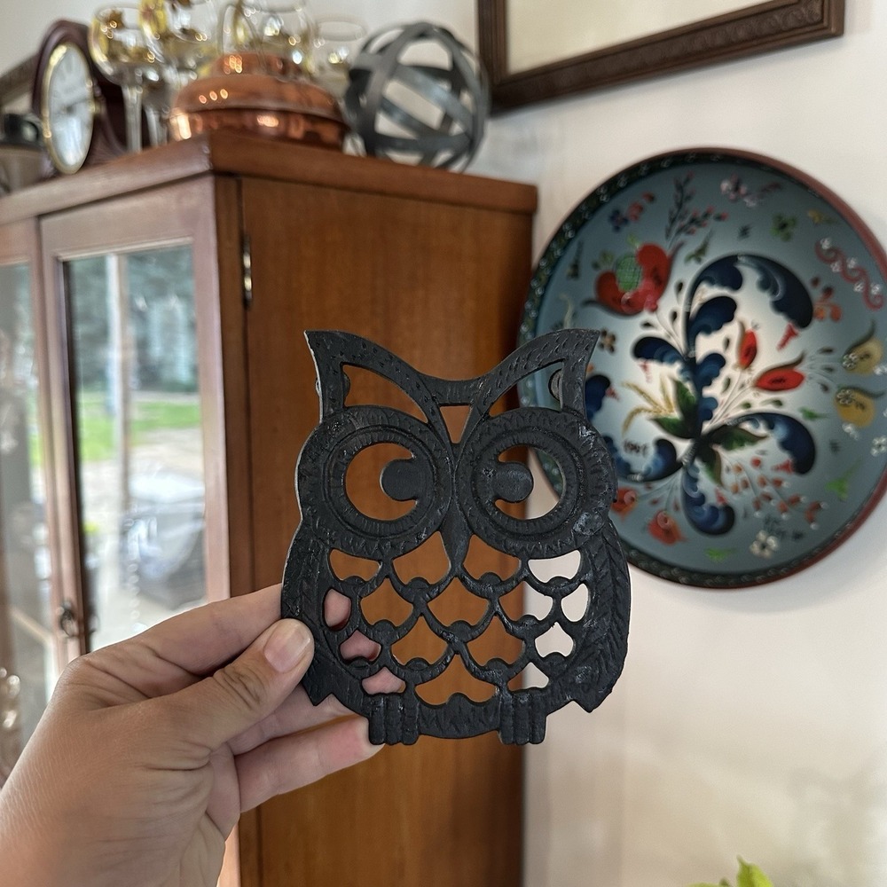 VTG Cast Iron Owl Trivet Hot Plate Black 70's MCM Kitchen Decor Retro 5.5"